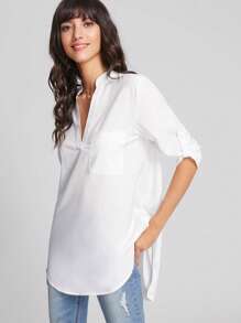 EMERY ROSE Roll Up Sleeve Curved Hem Blouse - White - View 4