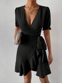 Chiquease 泡泡袖荷葉邊圍裹側打結連衣裙 - 黑色 - 查看 3