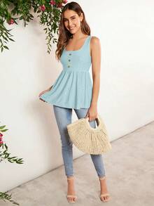 SHEIN LUNE Áo khoác và áo lót dành cho xe tăng nữ Nút phía trước Tranh thêu màu trơn Giải trí - Màu xanh bạc hà - Xem 5