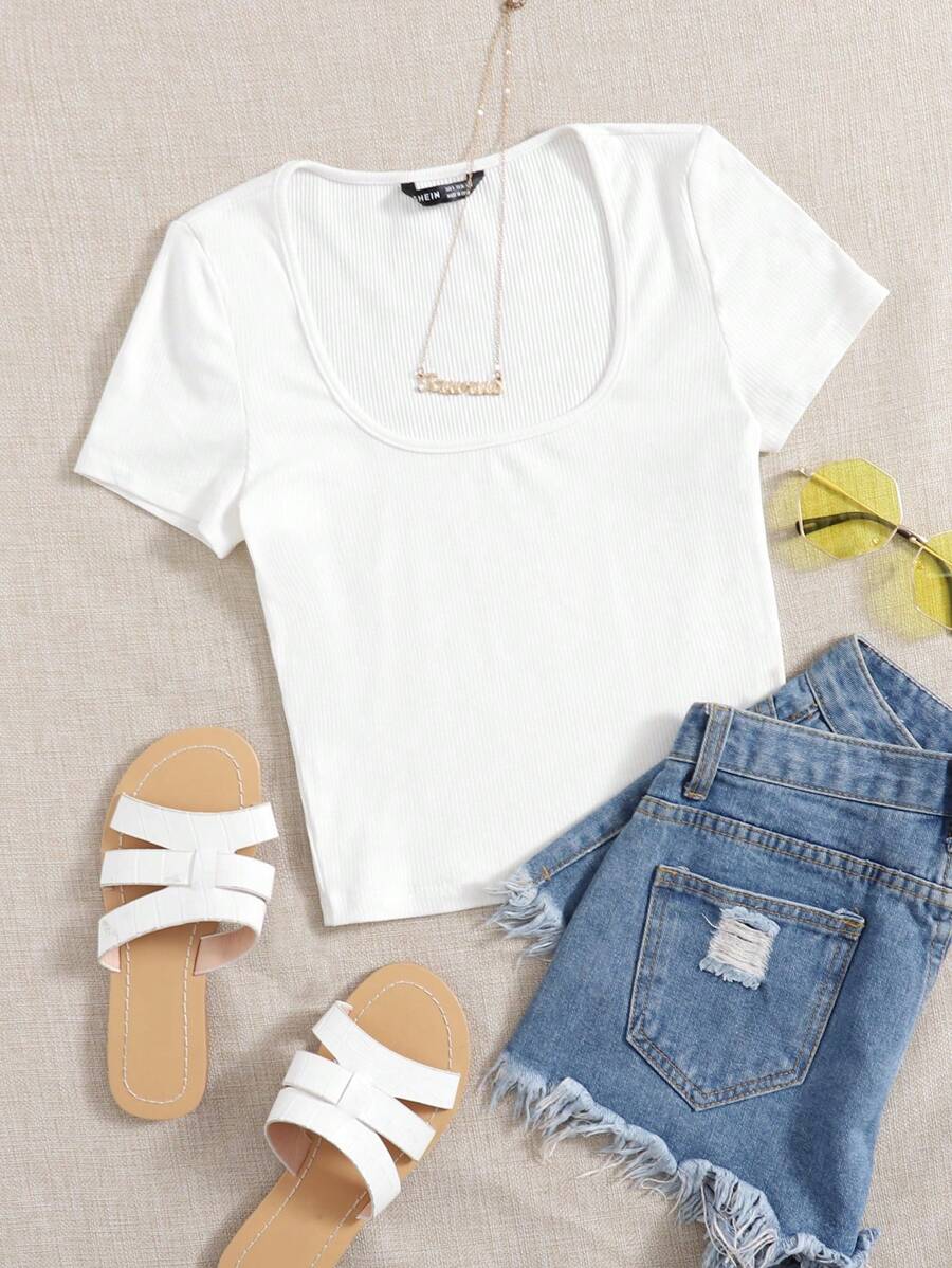 SHEIN EZwear Rib-knit Form Fitted Tee - White - View 1