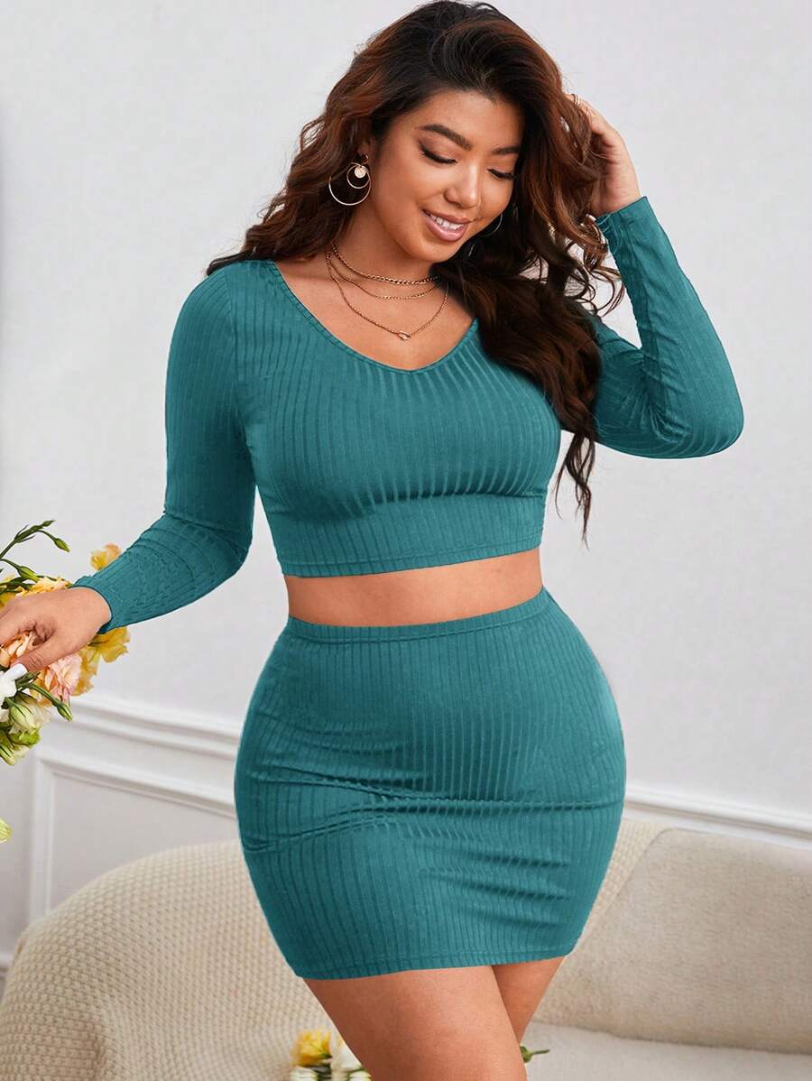 SHEIN Frenchy Bộ thời trang Plus Size Gân đan màu trơn Giải trí - Màu xanh ngọc - Xem 1