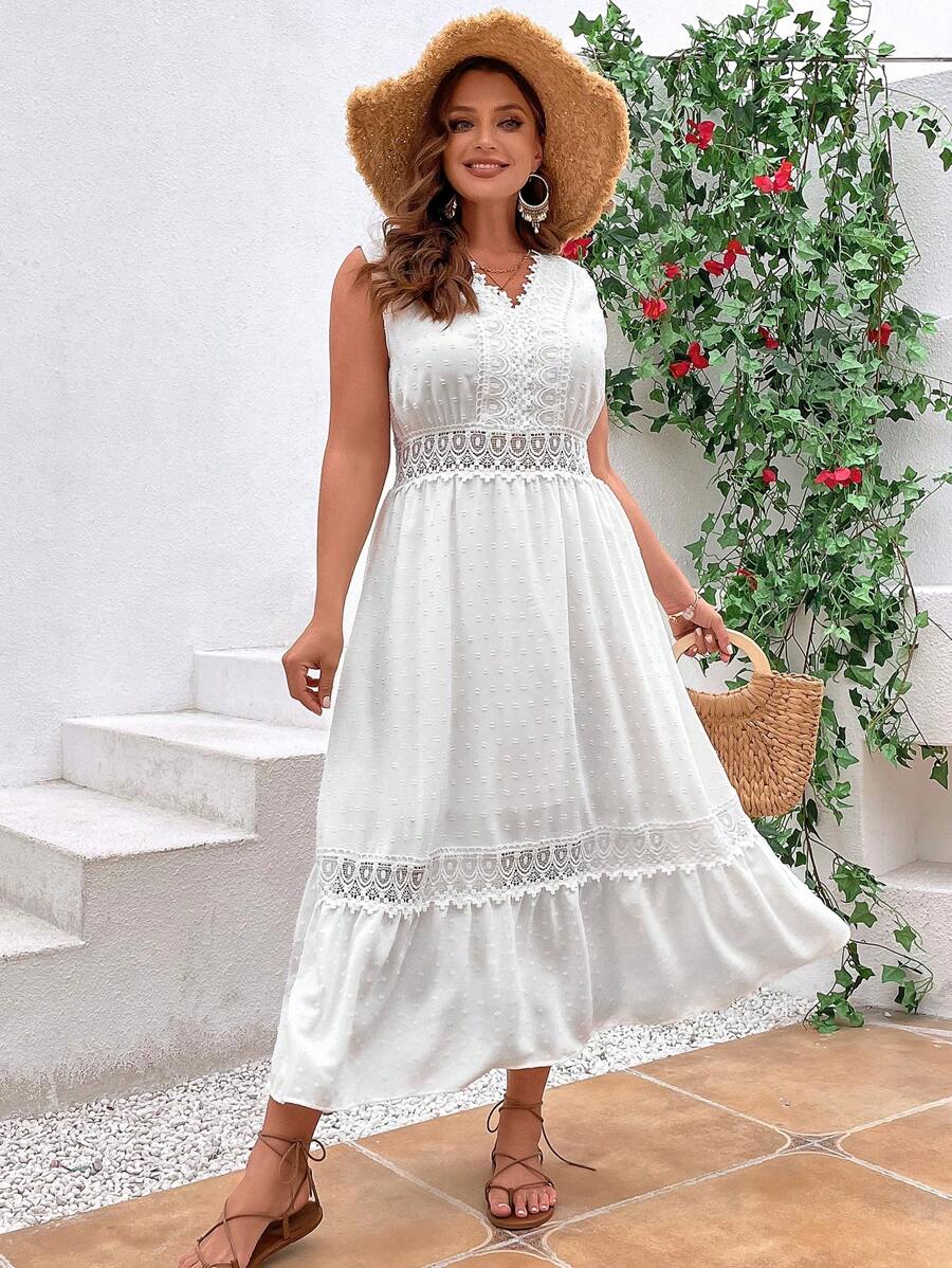 SHEIN VCAY Đầm Plus Size Tương phản ren Viên lá sen màu trơn Boho - trắng - Xem 1