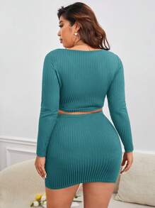 SHEIN Frenchy Bộ thời trang Plus Size Gân đan màu trơn Giải trí - Màu xanh ngọc - Xem 2