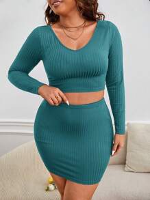 SHEIN Frenchy Bộ thời trang Plus Size Gân đan màu trơn Giải trí - Màu xanh ngọc - Xem 3