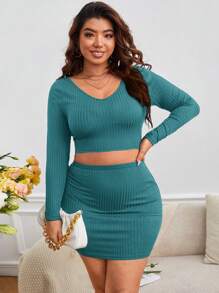 SHEIN Frenchy Bộ thời trang Plus Size Gân đan màu trơn Giải trí - Màu xanh ngọc - Xem 6