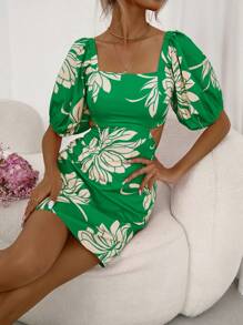 SHEIN Privé Floral Print Square Neck Puff Sleeve Dress - Green - View 3
