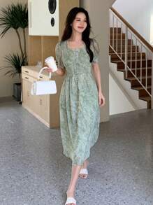 DAZY 滿版印花泡泡袖前紐扣連衣裙 - 綠色 - 查看 3