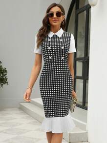 HOMEYEE Houndstooth Print Pleated Hem Dress - Black and White - View 1