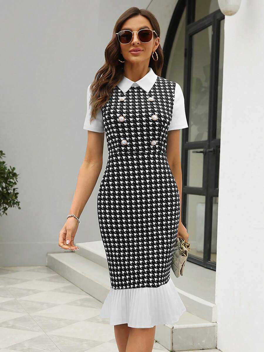 HOMEYEE Houndstooth Print Pleated Hem Dress - Black and White - View 1