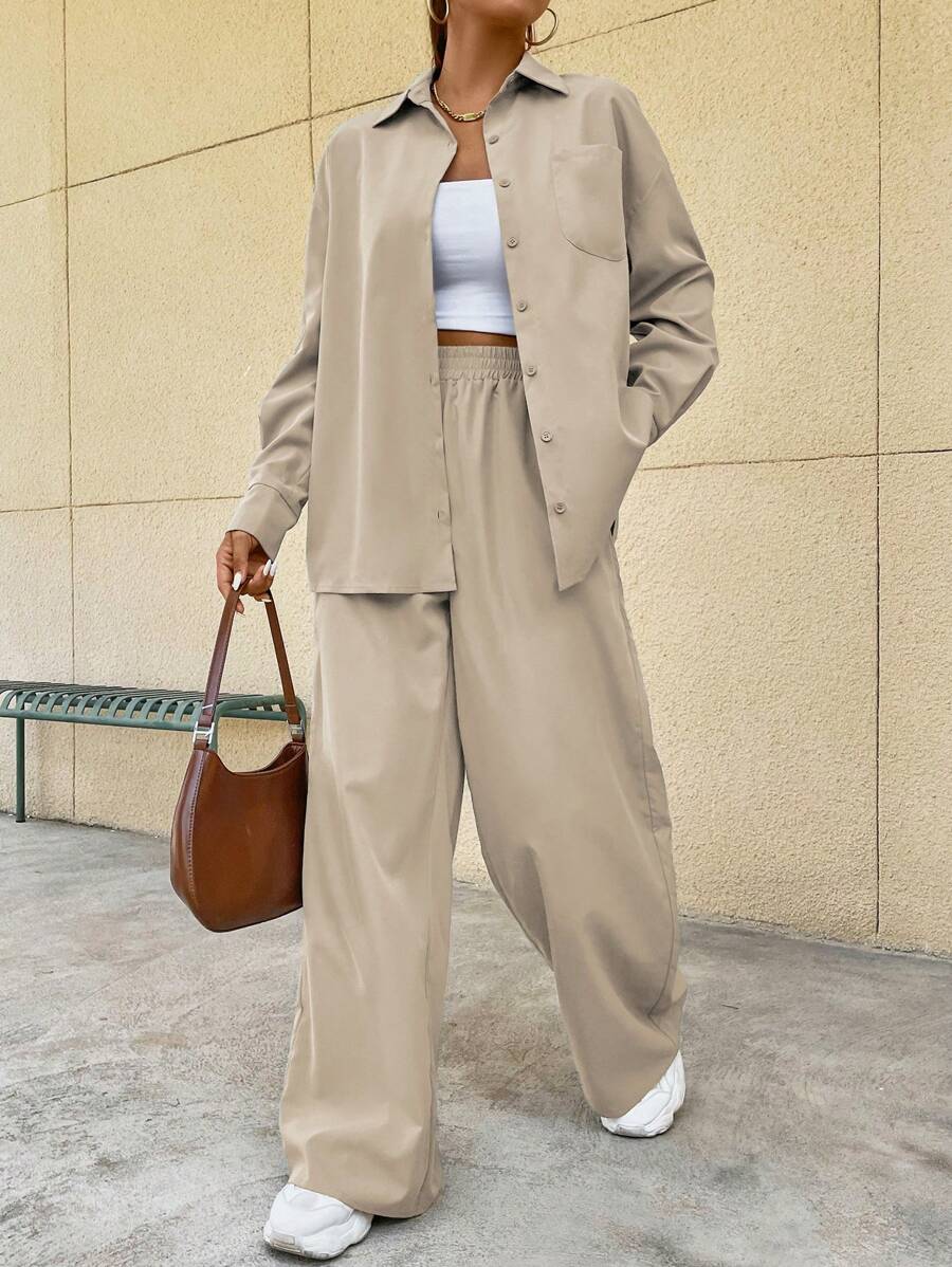 SHEIN EZwear Bộ đồ hai mảnh nữ Túi Nút phía trước màu trơn Giải trí - Màu be - Xem 1
