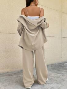 SHEIN EZwear Bộ đồ hai mảnh nữ Túi Nút phía trước màu trơn Giải trí - Màu be - Xem 2