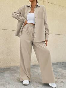 SHEIN EZwear Bộ đồ hai mảnh nữ Túi Nút phía trước màu trơn Giải trí - Màu be - Xem 6