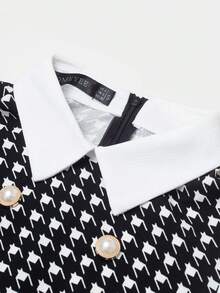 HOMEYEE Houndstooth Print Pleated Hem Dress - Black and White - View 5