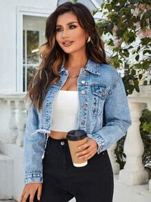 EMERY ROSE Flap Detail Raw Hem Crop Denim Jacket - Light Wash - View 4