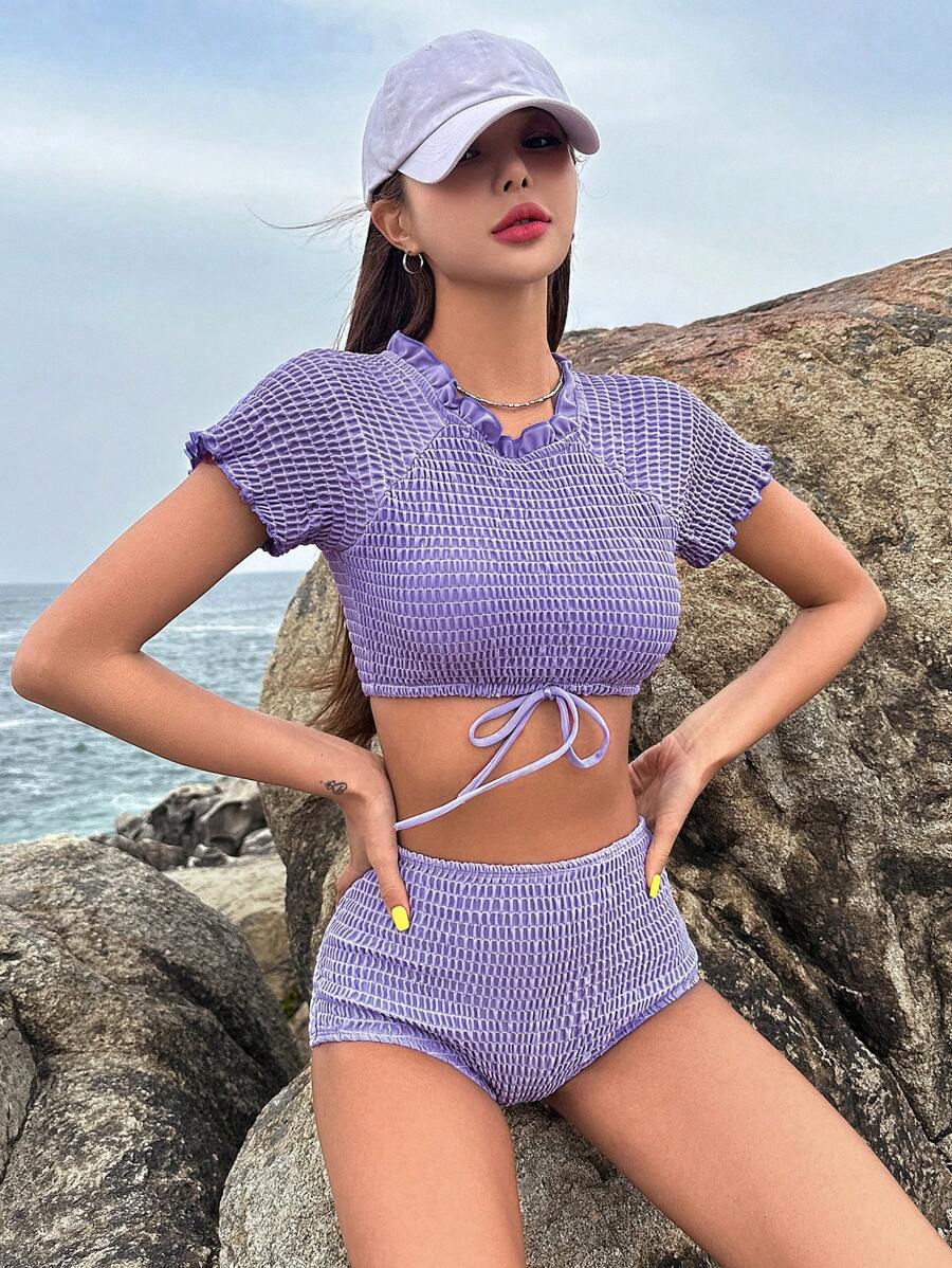 DAZY Lettuce Trim Tie Front Bikini Set Summer Beach - Lilac Purple - View 1