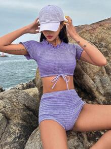 DAZY Lettuce Trim Tie Front Bikini Set Summer Beach - Lilac Purple - View 4