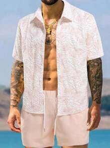 Manfinity Chillmode Men Floral Jacquard Shirt & Shorts Set - Multicolor - View 5