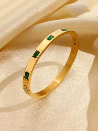 1入組時尚不銹鋼方晶鋯石裝飾手鐲適合女士日常裝飾