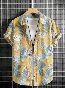 Manfinity Homme Camisa De Botones Floja Con Estampado Tropical Aleatorio Para Hombres Sin Camiseta - Amarillo - Ver 1