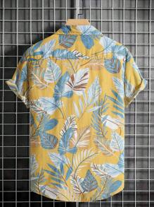 Manfinity Homme Camisa De Botones Floja Con Estampado Tropical Aleatorio Para Hombres Sin Camiseta - Amarillo - Ver 2