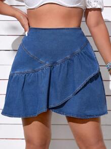 SHEIN VCAY 大碼高腰荷葉邊牛仔半身裙 - 藍色 - 查看 5