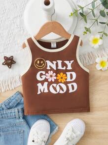 SHEIN 女孩花卉和字母圖案撞色滾邊背心上衣 - 鏽棕色 - 查看 1