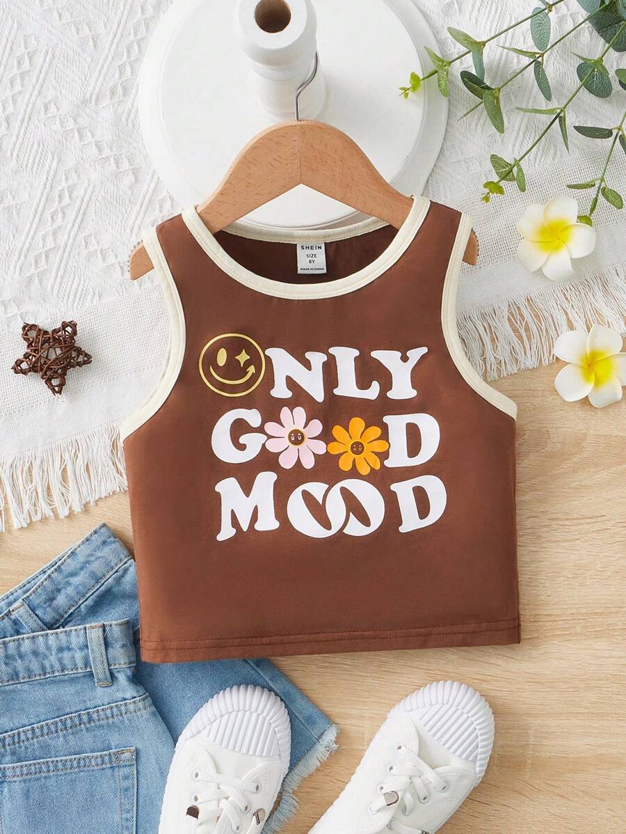 SHEIN 女孩花卉和字母圖案撞色滾邊背心上衣 - 鏽棕色 - 查看 1