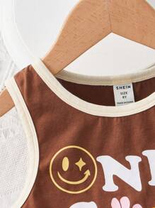 SHEIN 女孩花卉和字母圖案撞色滾邊背心上衣 - 鏽棕色 - 查看 3