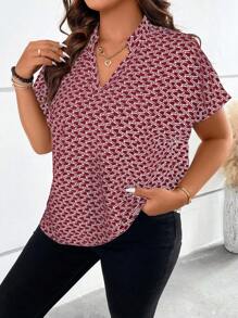 Calvaya Plus Allover Print Notched Neckline Batwing Sleeve Blouse - Red - View 4