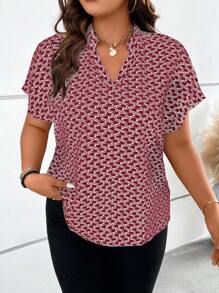 Calvaya Plus Allover Print Notched Neckline Batwing Sleeve Blouse - Red - View 1