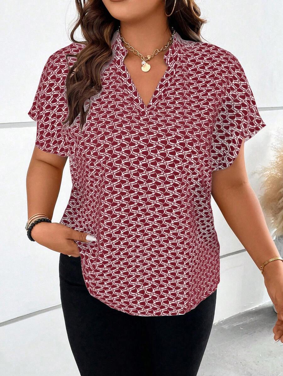 Calvaya Plus Allover Print Notched Neckline Batwing Sleeve Blouse - Red - View 1