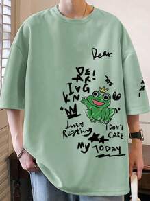 Manfinity Hombres Camiseta de hombros caídos con estampado de slogan y dibujos animados - Verde - Ver 1