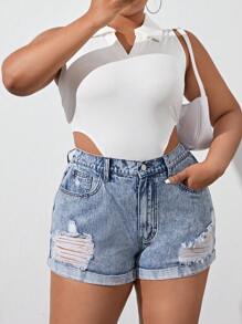 SHEIN Essnce Plus Ripped Roll Up Hem Denim Shorts - Light Wash - View 6