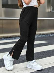 SHEIN 小女童接縫細節下擺開叉長褲 - 黑色 - 查看 1