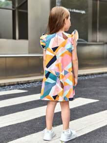 SHEIN Young Girl Geometric Pattern Round Neck Cap Sleeve Loose A-Line Woven Beach Dress