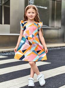 SHEIN Young Girl Geometric Pattern Round Neck Cap Sleeve Loose A-Line Woven Beach Dress