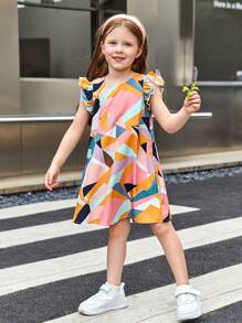 SHEIN Young Girl Geometric Pattern Round Neck Cap Sleeve Loose A-Line Woven Beach Dress