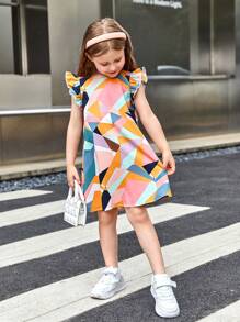 SHEIN Young Girl Geometric Pattern Round Neck Cap Sleeve Loose A-Line Woven Beach Dress