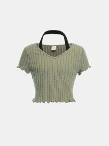 SHEIN Tops con gái Xù nhỏ Gân đan Khối Màu Giải trí - xanh quân đội - Xem 1