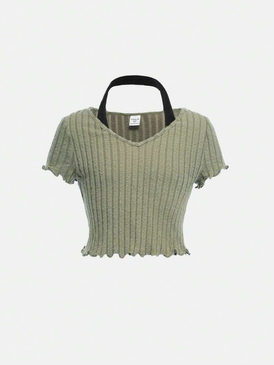 SHEIN Tops con gái Xù nhỏ Gân đan Khối Màu Giải trí - xanh quân đội - Xem 1