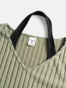 SHEIN Tops con gái Xù nhỏ Gân đan Khối Màu Giải trí - xanh quân đội - Xem 5