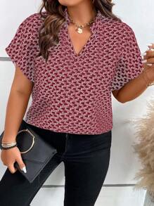 Calvaya Plus Allover Print Notched Neckline Batwing Sleeve Blouse - Red - View 6