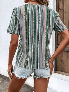 SHEIN VCAY Geo Print Puff Sleeve Blouse - Multicolor - View 2