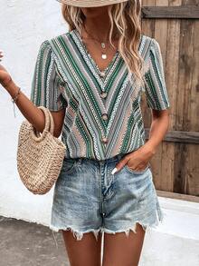 SHEIN VCAY Geo Print Puff Sleeve Blouse - Multicolor - View 4