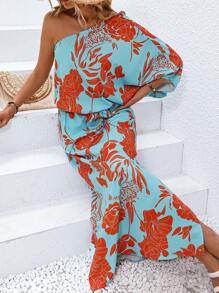 SHEIN Holidaya Đầm Bất đối xứng Tách cao Hoa Tất cả trên in Boho - Màu xanh bạc hà - Xem 1