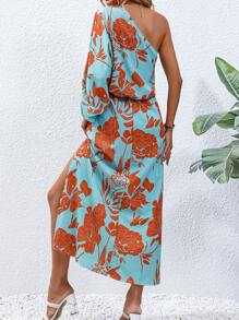 SHEIN Holidaya Đầm Bất đối xứng Tách cao Hoa Tất cả trên in Boho - Màu xanh bạc hà - Xem 2