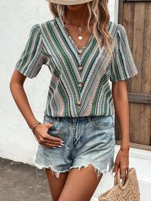 SHEIN VCAY Geo Print Puff Sleeve Blouse - Multicolor - View 6