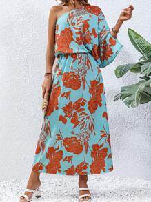 SHEIN Holidaya Đầm Bất đối xứng Tách cao Hoa Tất cả trên in Boho - Màu xanh bạc hà - Xem 3