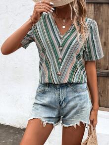 SHEIN VCAY Geo Print Puff Sleeve Blouse - Multicolor - View 7