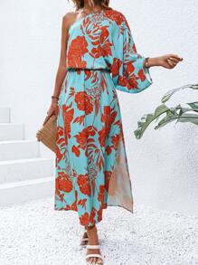 SHEIN Holidaya Đầm Bất đối xứng Tách cao Hoa Tất cả trên in Boho - Màu xanh bạc hà - Xem 4